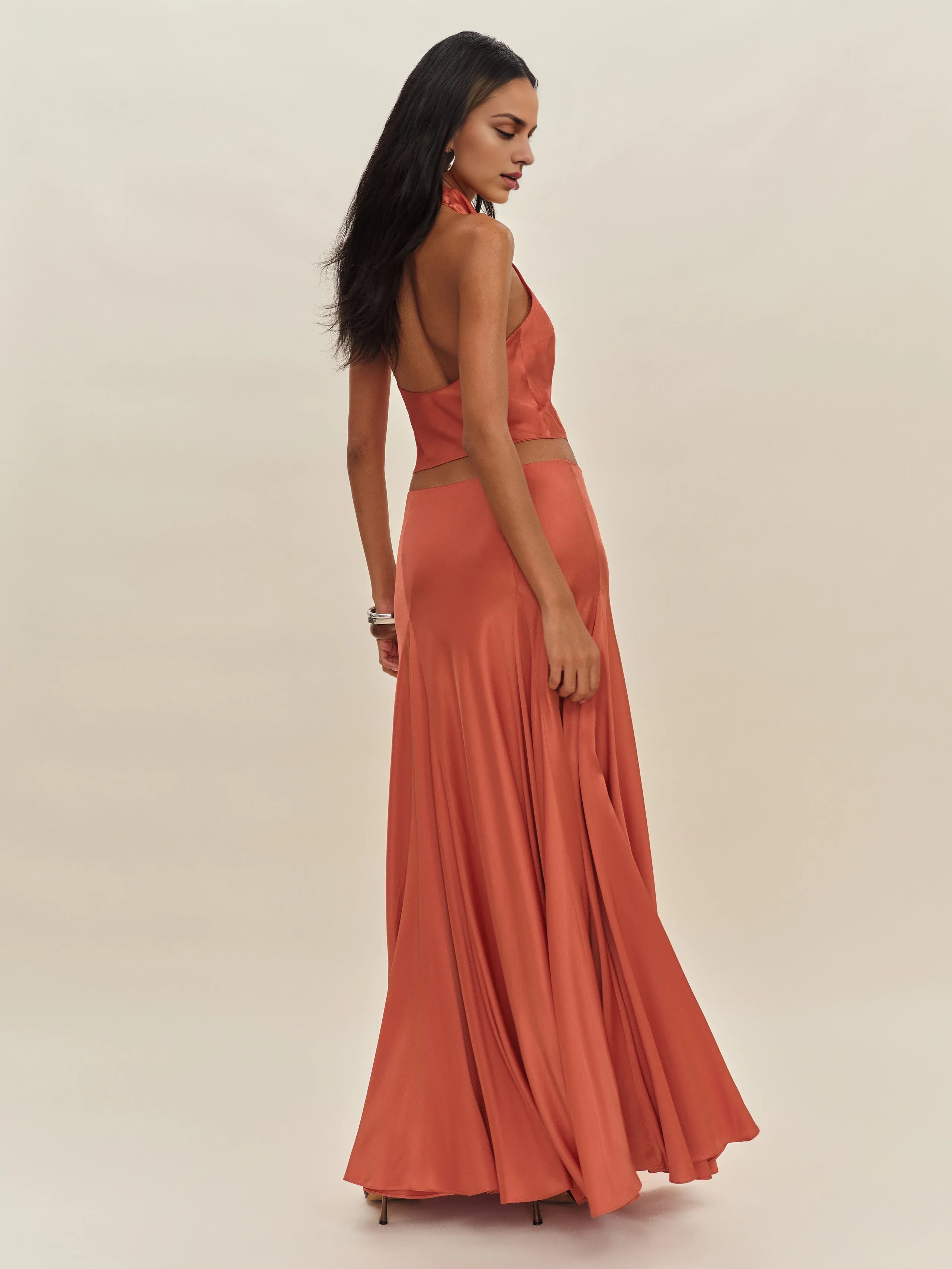 Robe Weitese vintage à col bénitier et col montant, deux pièces, sans manches, coupe trapèze, robe de bal, robe longue, dos nu, couleur unie